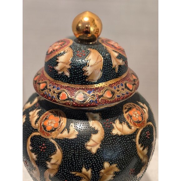 ASIAN VINTAGE PORCELAIN TEMPLE JAR HAND PAINTED MULTI-COLOR GOLD TRIM 12"  Set o - Picture 3 of 11